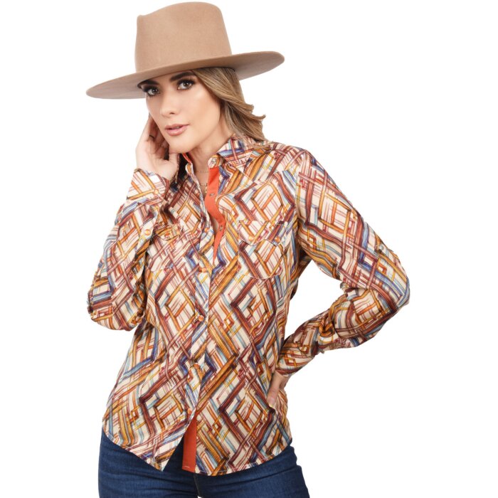 Camisa Vaquera De Mujer Color Naranja Diseño Geométrico WD 11-538