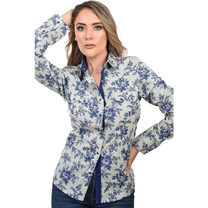 Camisa Vaquera De Mujer Diseño De Flores Azules WD 11-544