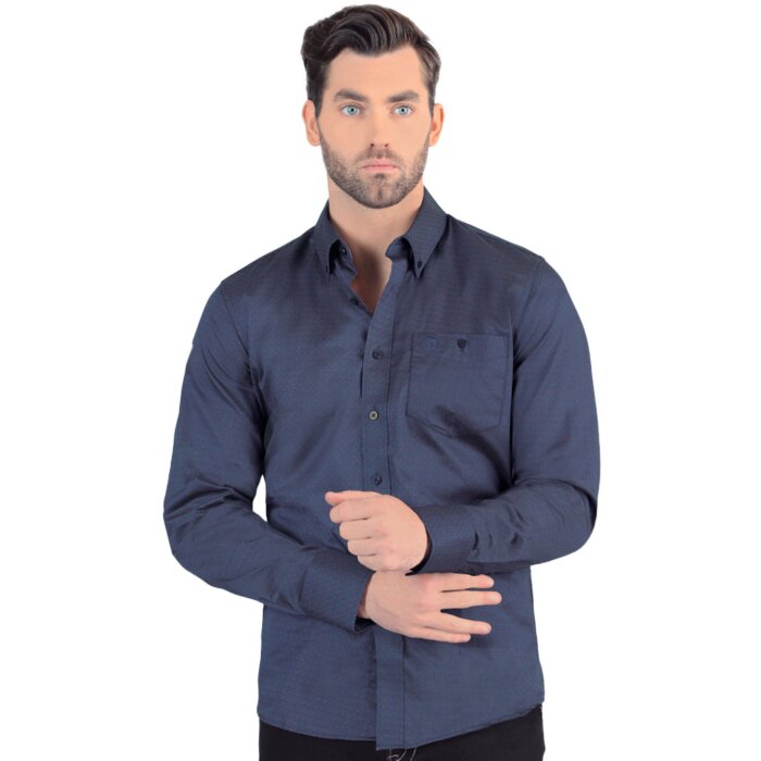 Front view of Men's Navy Long Sleeve Shirt with Subtle Pattern Lamasini 4457.