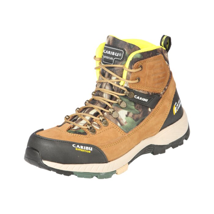 Caribu 44368 men's outdoor expedition shoes with caramel nubuck leather and camouflage accents, featuring a lace-up design and rubber/phylon outsole.