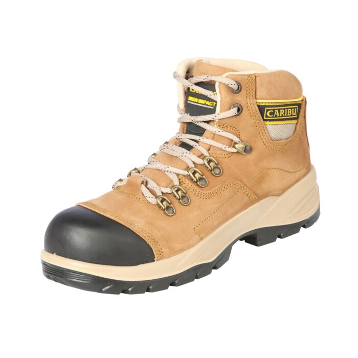 Zapatos de trabajo para hombre Caribú 44361 en piel nobuk color cajeta, con punta de acero, diseño con agujetas y suela de T.P.U./Phylon.