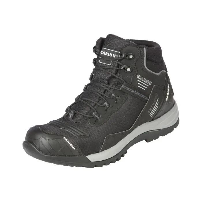 Men's black work shoes by Caribu, featuring a textile/synthetic upper, durable rubber/phylon outsole, and modern design, model 44363.