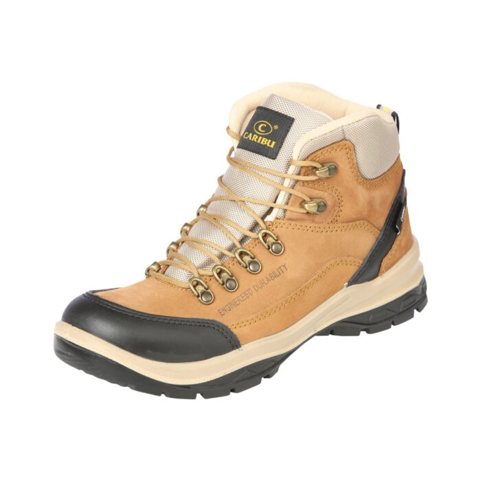 Zapatos de trabajo para hombre Caribú 44364 en piel nobuk color cajeta, con diseño de agujetas y suela de T.P.U./Phylon.