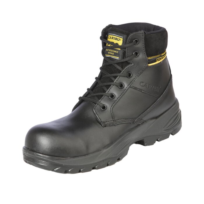 Zapatos de trabajo para hombre Caribú 44366 en piel hungaro color negro, con diseño de agujetas, suela de P.U. de inyección resistente al calor y durabilidad industrial.