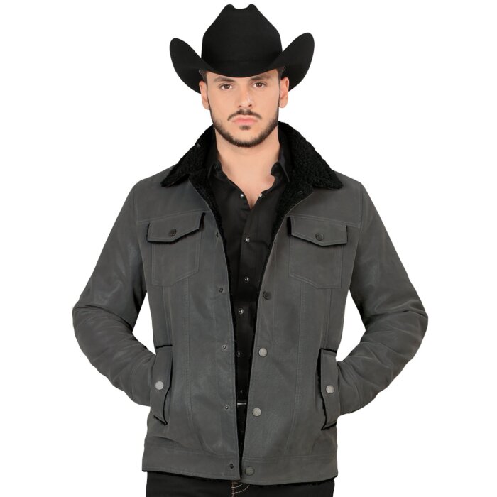 Montero 0892 Charcoal Men's Faux Leather Jacket with Sherpa Lining