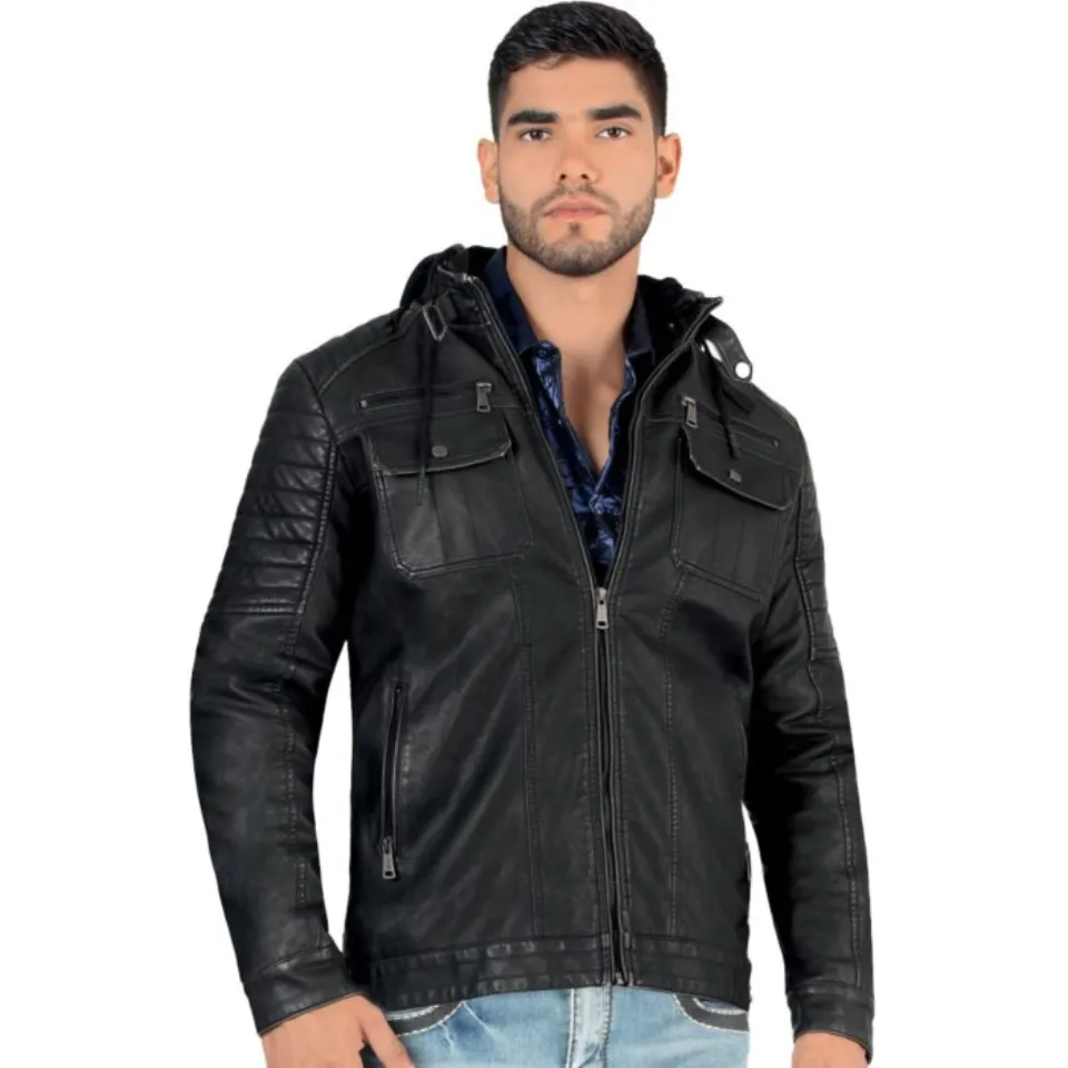Chamarra color Negro con cremallera, bolsos al pecho y gorro removible.