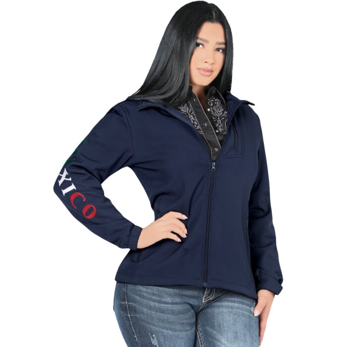 Shot of a woman wearing the Danesi 4052 Navy jacket, highlighting its fitted silhouette and stylish design.