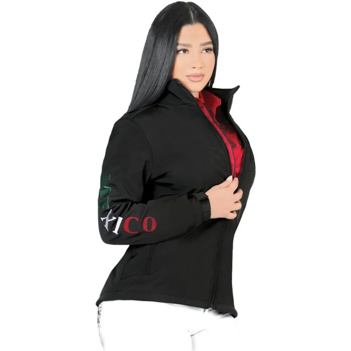 Mujer usando Chamarra Danesi 4052 Negra "México", vista frontal.