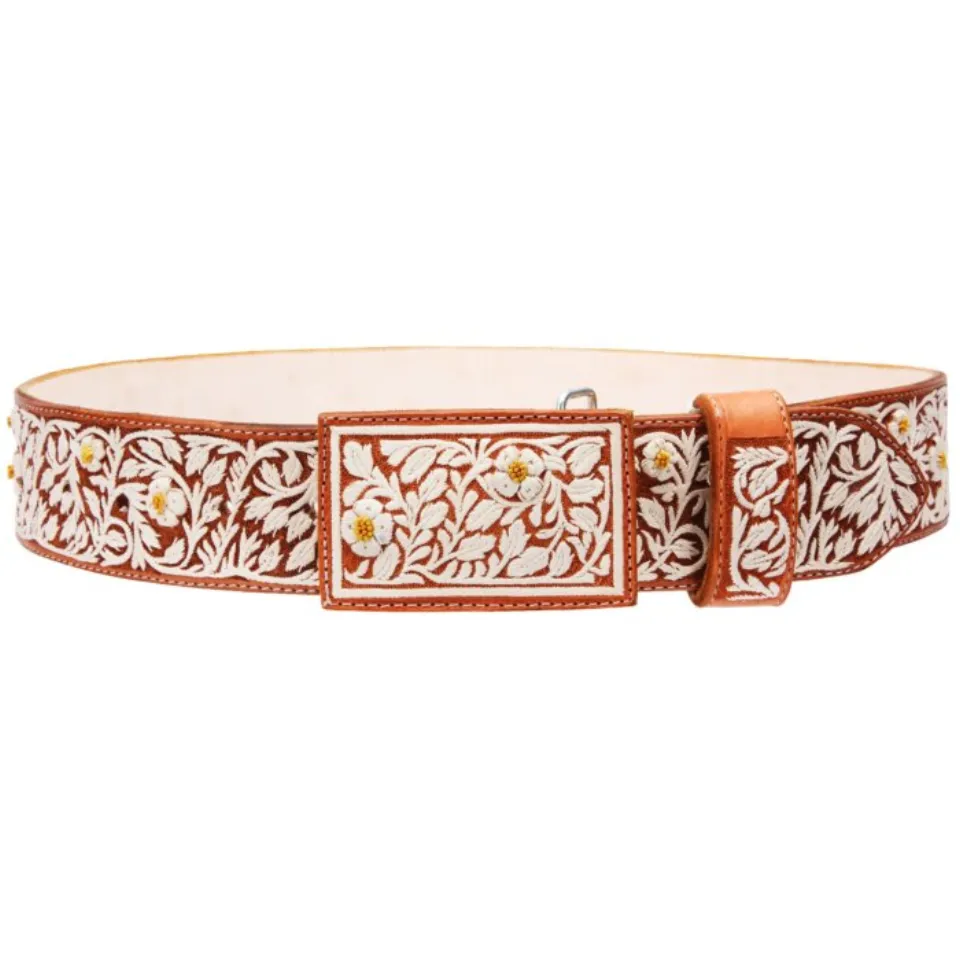 Cinto Charro Pita Fina Natural Flores Amarillas WD 11-1670