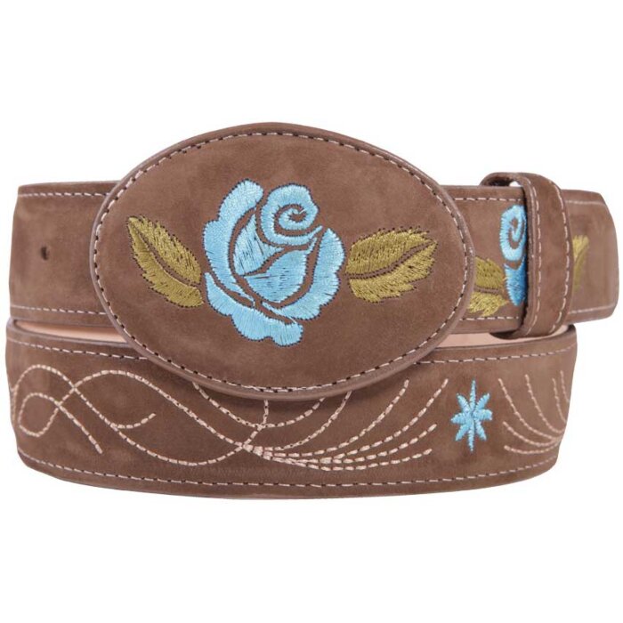 Cinto Vaquero Para Mujer Color Camel Hebilla Ovalada Bordado De Rosa Azul