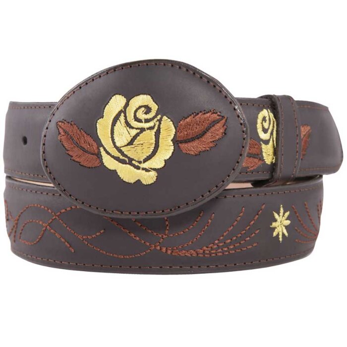 Cinto Vaquero De Mujer Color Choco Con Rosa Amarilla Bordada En Hebilla Ovalada
