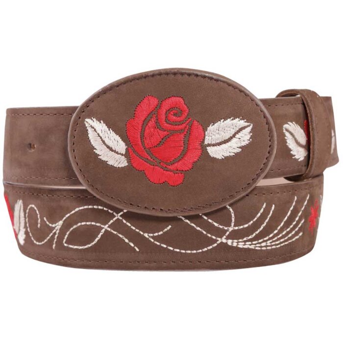 Cinto Vaquero De Mujer Piel Nobuck Color Camel Hebilla Ovalada Con Rosa Roja Borada
