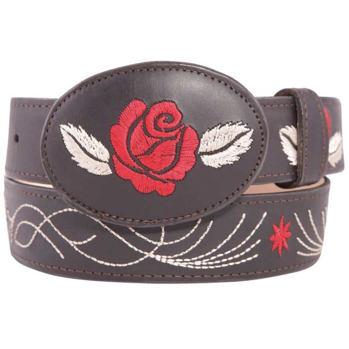Cinto Vaquero Chocolate Para Dama Hebilla Ovalado Con Bordado De Rosa Roja