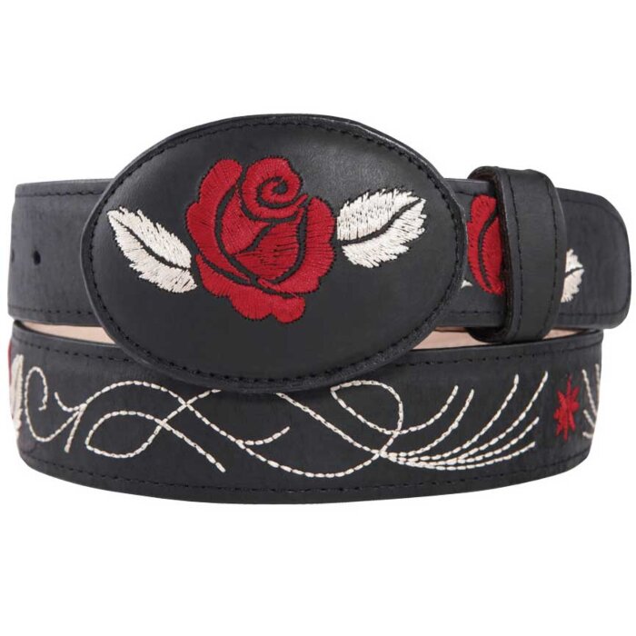 Cinto Vaquero De Mujer Color Negro Con Rosa Roja Sobre Hebilla Ovalada