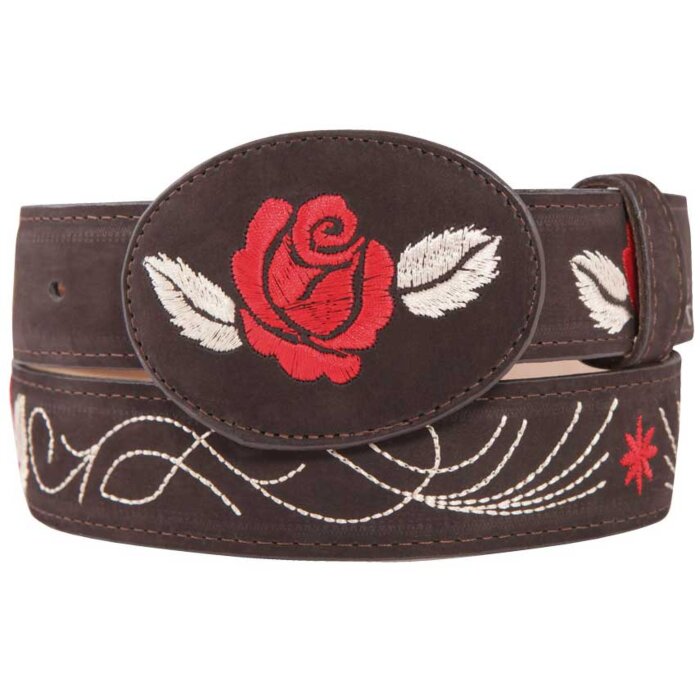 Cinto Vaquero De Dama Color Café Con Bordado De Rosa Roja