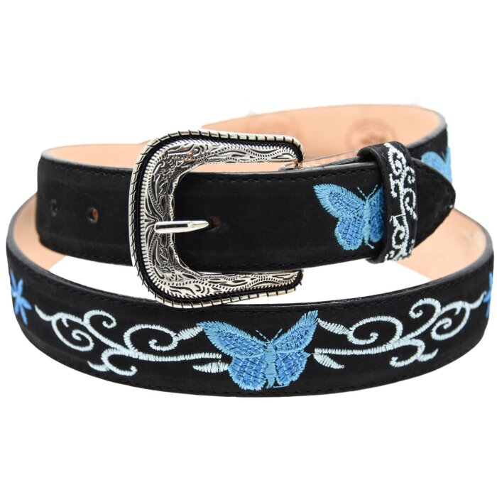 Cinto Rodeo Negro Para Mujer Nobuck Bordado De Mariposas Azules WD 11-1592