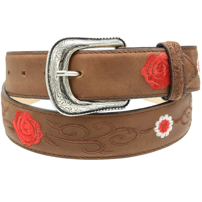 Cinto Rodeo Para Mujer Nobuck Color Topo Con Rosas Rojas WD 11-1594