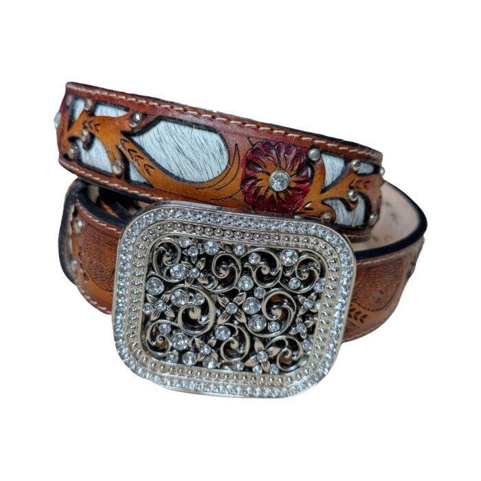 Cinturón vaquero para mujer de cuero genuino con detalles florales, pelo de res y hebilla con incrustaciones de brillantes.