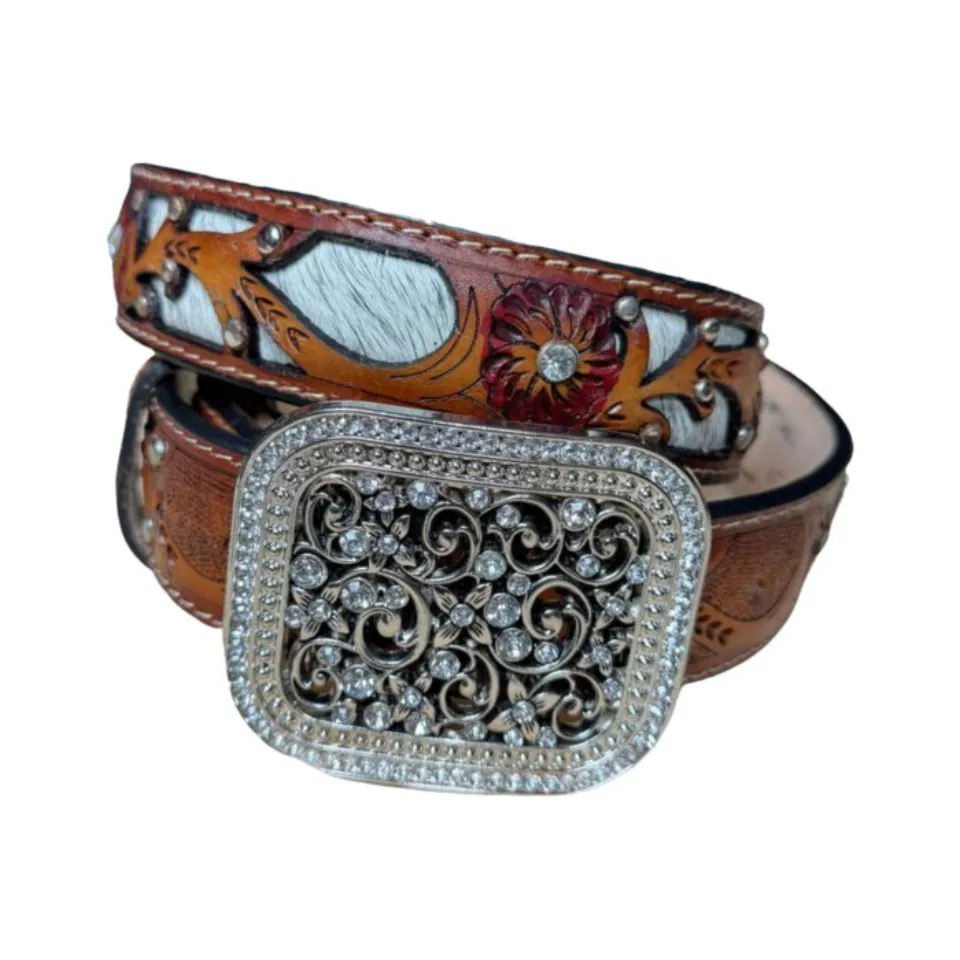 Cinturón vaquero para mujer de cuero genuino con detalles florales, pelo de res y hebilla con incrustaciones de brillantes.