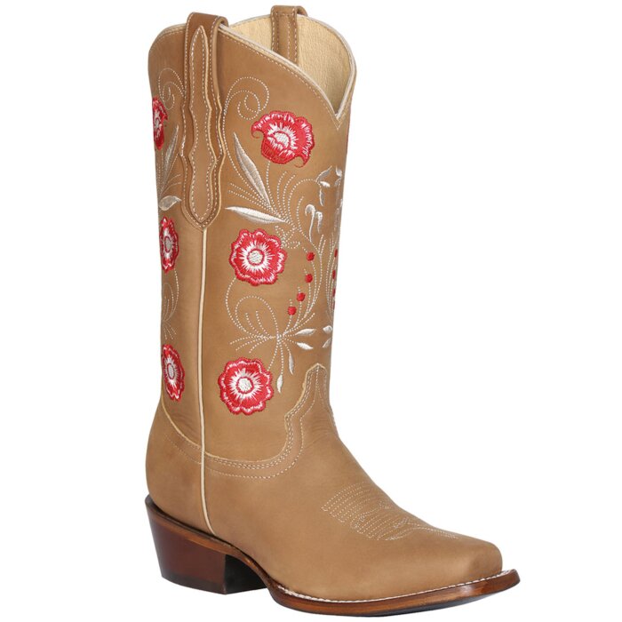 El General 42983 women's cowgirl rodeo boots in Orix bovine leather, featuring floral embroidery, leather outsole, and Rodeo toe.