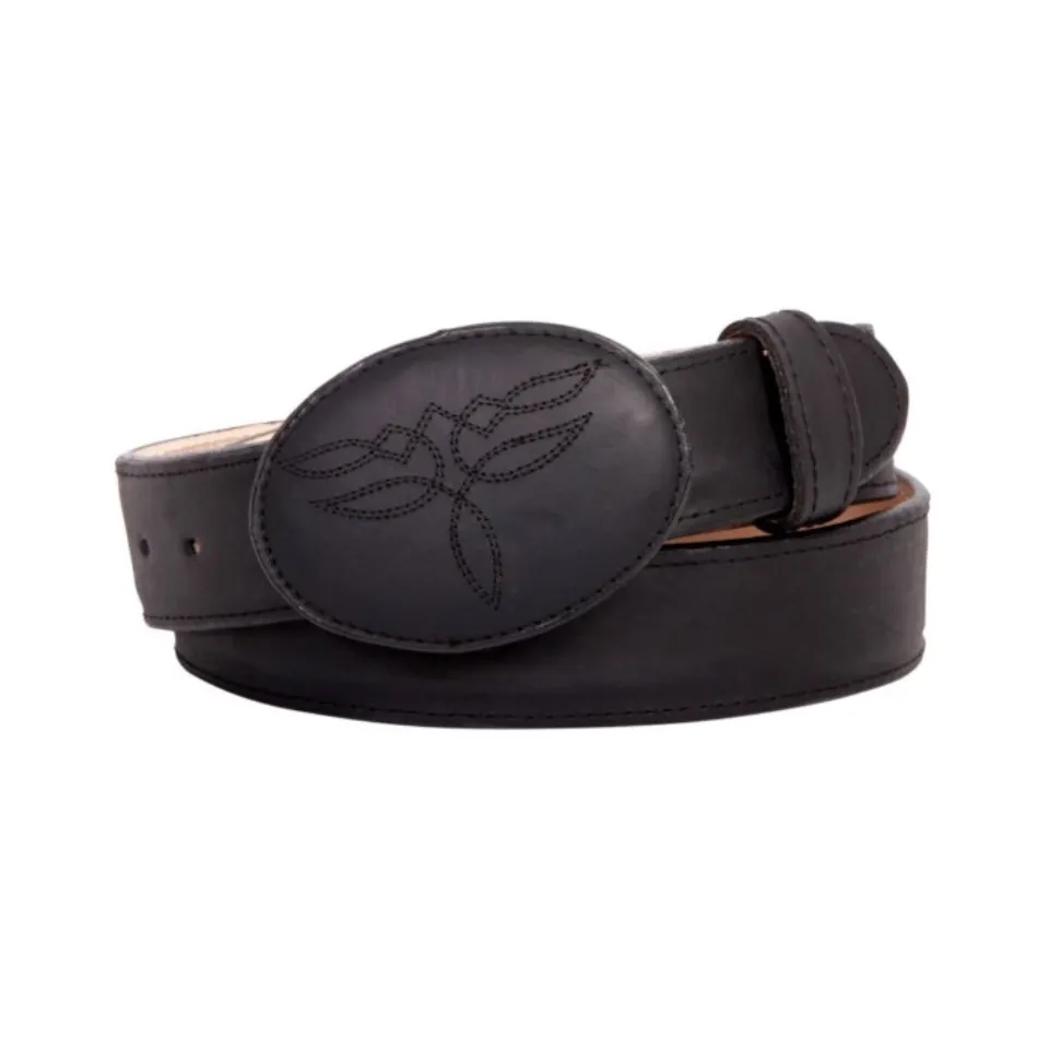 Black Cowboy Belt in Crazy Leather with Stitched Leaf Oval Buckle, Made in Mexico.