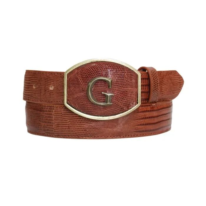 El General 45298 Western belt in exotic lizard leather, cognac color, with "G" buckle.