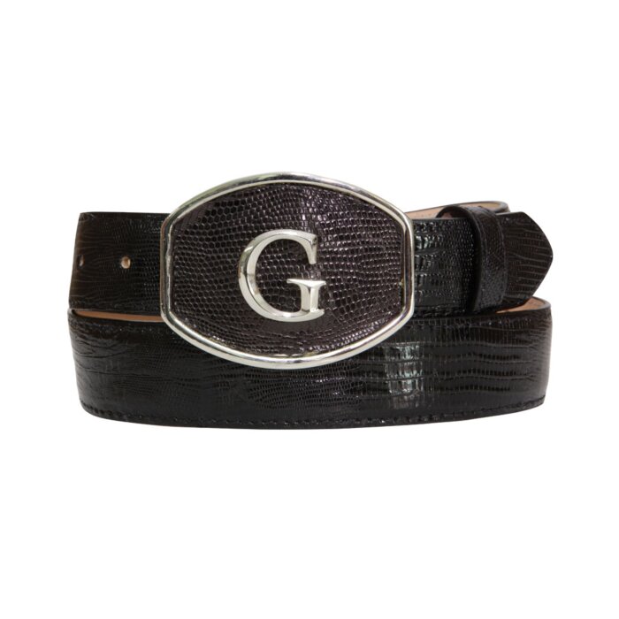 Cinto vaquero El General 45299 de piel de lizard negro con hebilla "G" distintiva.