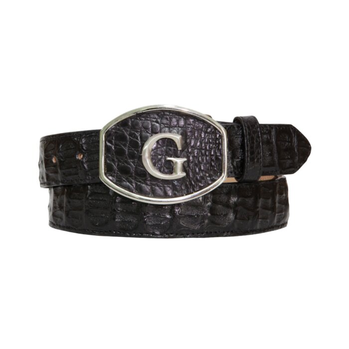 Cinto vaquero El General 45292 en piel genuina de caimán negra con hebilla "G" pulida.