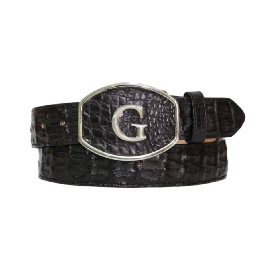 Cinto vaquero El General 45292 en piel genuina de caimán negra con hebilla "G" pulida.