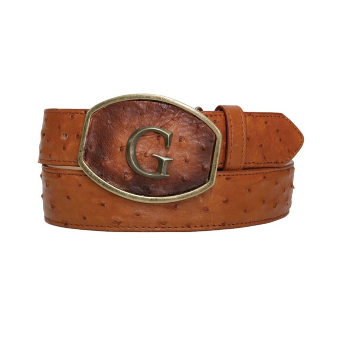 Cinto vaquero El General 45297 en piel genuina de avestruz color coñac con hebilla "G".