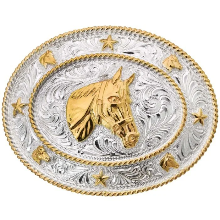 Hebilla Vaquera Ovalada Diseño Caballo Dorado WD 11-1272