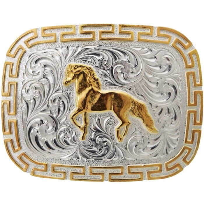 Hebilla Vaquera Caballo Trotando Plateada Con Dorado WD 11-1304