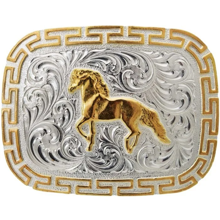 Hebilla Vaquera Caballo Trotando Plateada Con Dorado WD 11-1304