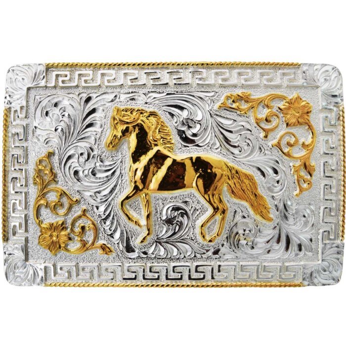 Hebilla Vaquera Cuadrada Color Plata Y Caballo Dorado