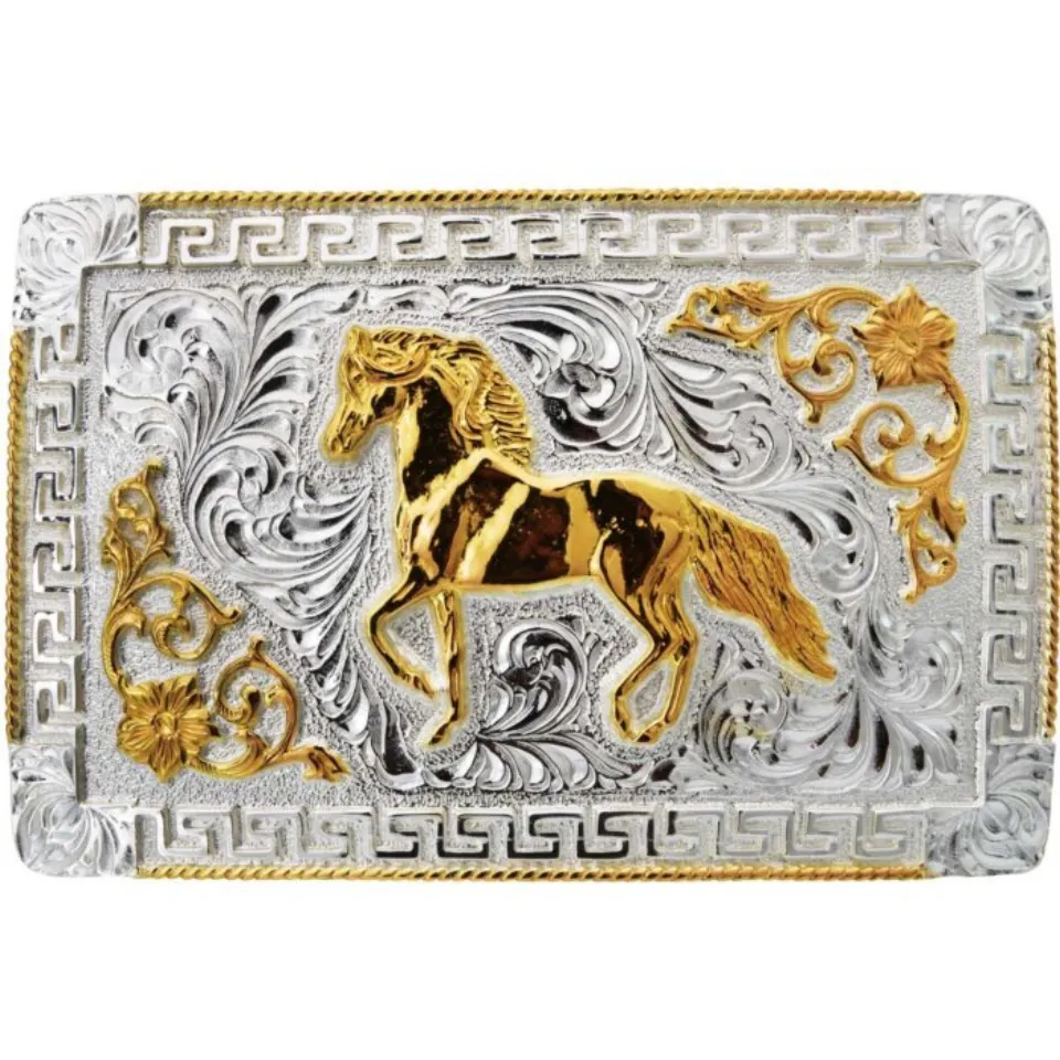 Hebilla Vaquera Cuadrada Color Plata Y Caballo Dorado