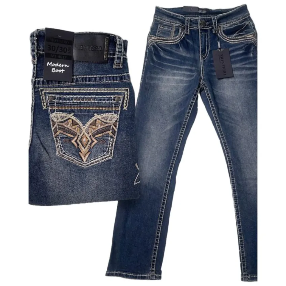 Jeans Montero 4617 Azul Medio para Hombre con detalle bordado en el bolsillo trasero