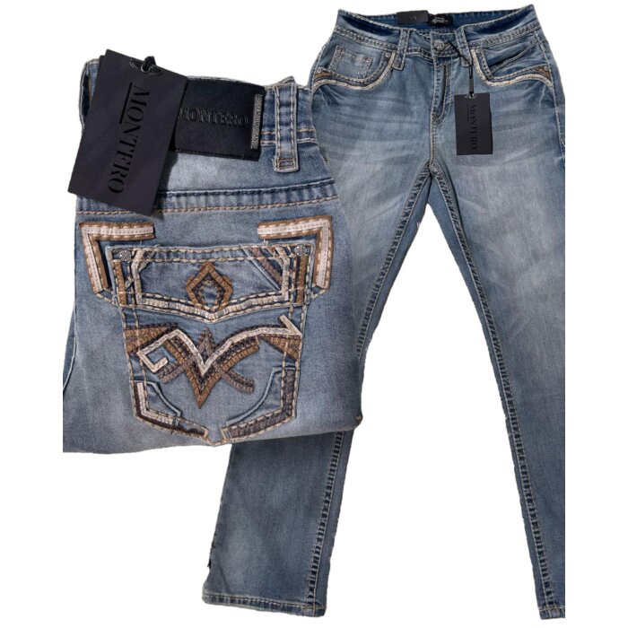 Montero 4624 Light Blue Jeans for Men with detailed embroidered back pockets
