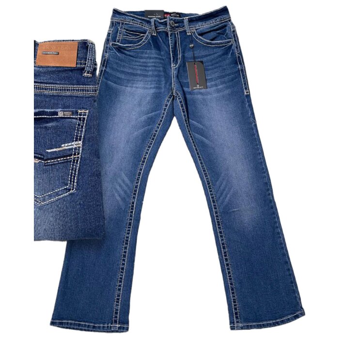 Lamasini 4626 Medium Blue Modern Boot Cut Jeans with Distressed Detailing