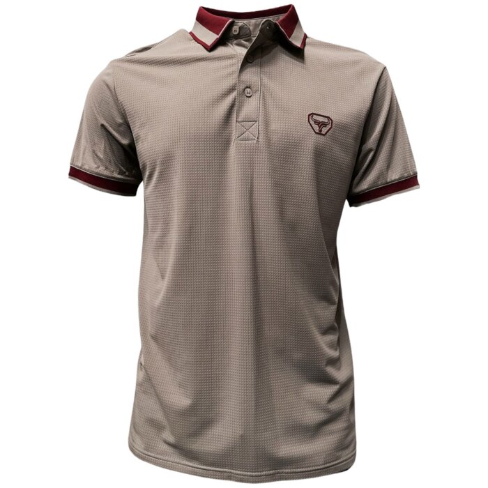 Lamasini 28218 men's beige polo shirt with burgundy contrast collar and embroidered logo
