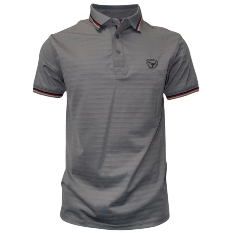Polo deportivo gris para caballero con cuello en contraste a rayas y logo Lamasini