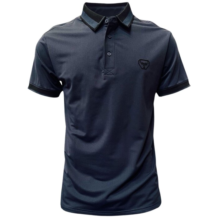 Polo deportivo azul marino para caballero con cuello negro en contraste y logo Lamasini