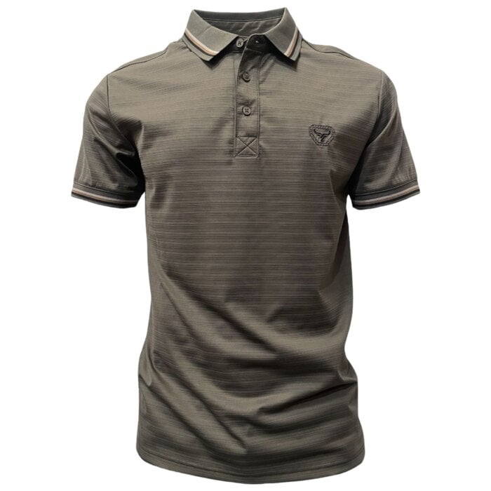 Polo deportivo verde oliva para caballero con cuello en contraste a rayas y logo Lamasini