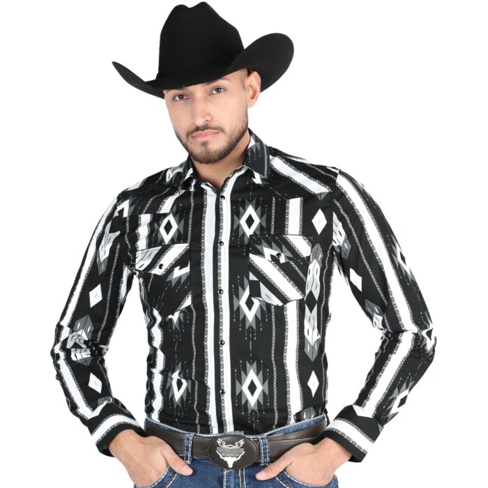 Men's Black Western Shirt with Striped Diamond Pattern – El General 44475