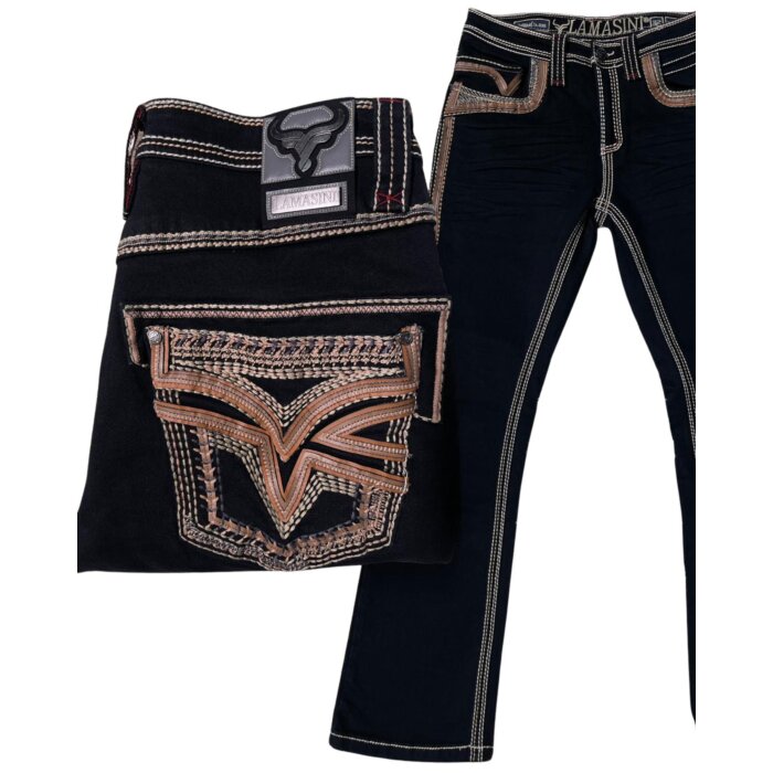 Lamasini 12101 men’s black bootcut jeans with contrast stitching, premium embroidery, and a sleek Western design.