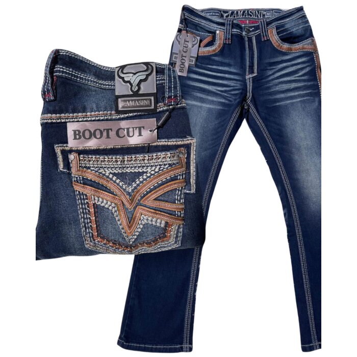 Lamasini 12101 men’s dark blue bootcut jeans with contrast stitching and detailed embroidered back pockets.