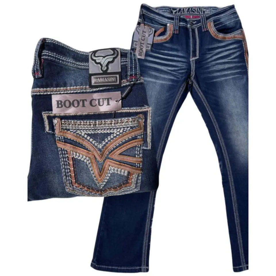 Lamasini 12101 men’s dark blue bootcut jeans with contrast stitching and detailed embroidered back pockets.