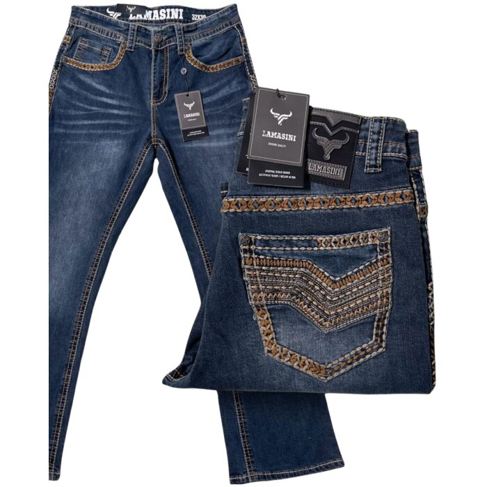 Men’s dark blue bootcut jeans with Western embroidery and contrast stitching – Lamasini 1870