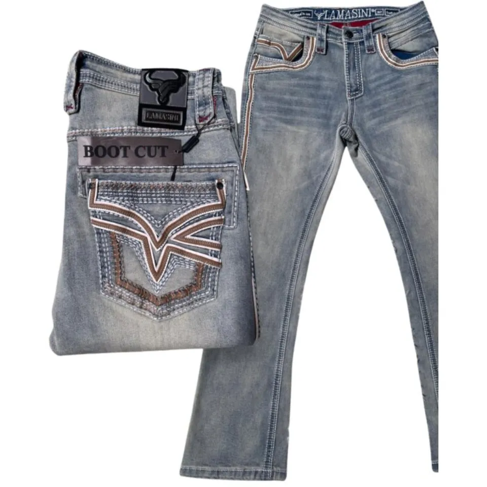 Lamasini 12101 men's light blue boot cut jeans with detailed embroidery and Western-style stitching