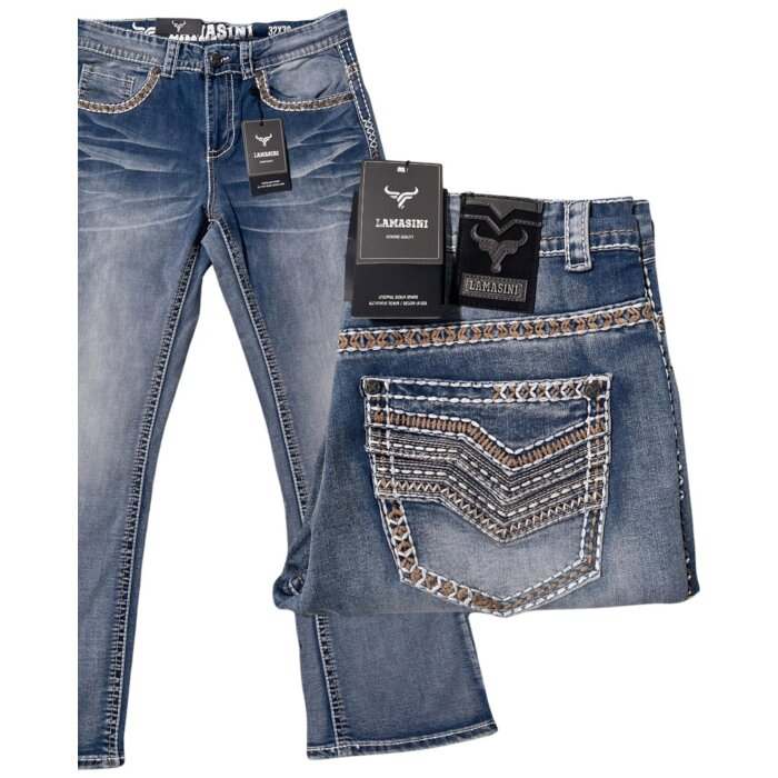 Pantalón de mezclilla azul claro para hombre con corte bota y bordado vaquero – Lamasini 1870