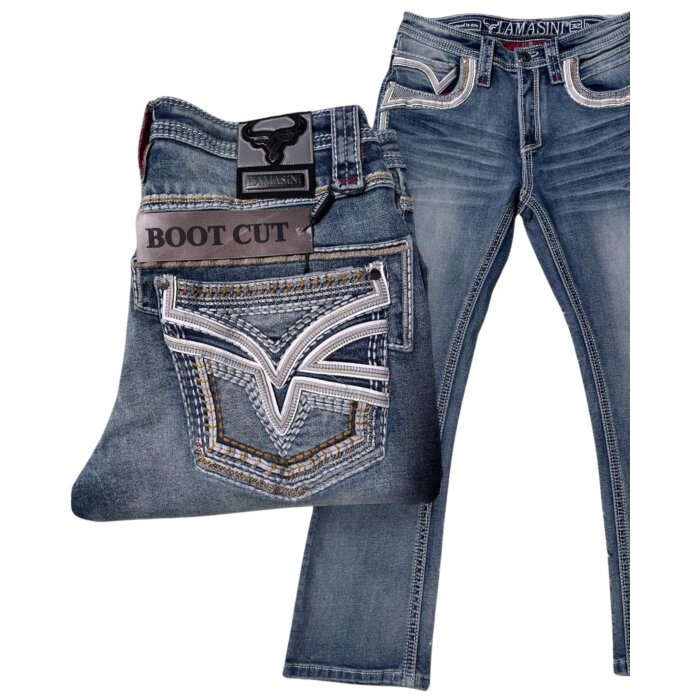 Lamasini 12101 men's medium blue boot cut jeans with intricate back pocket embroidery and contrast stitching